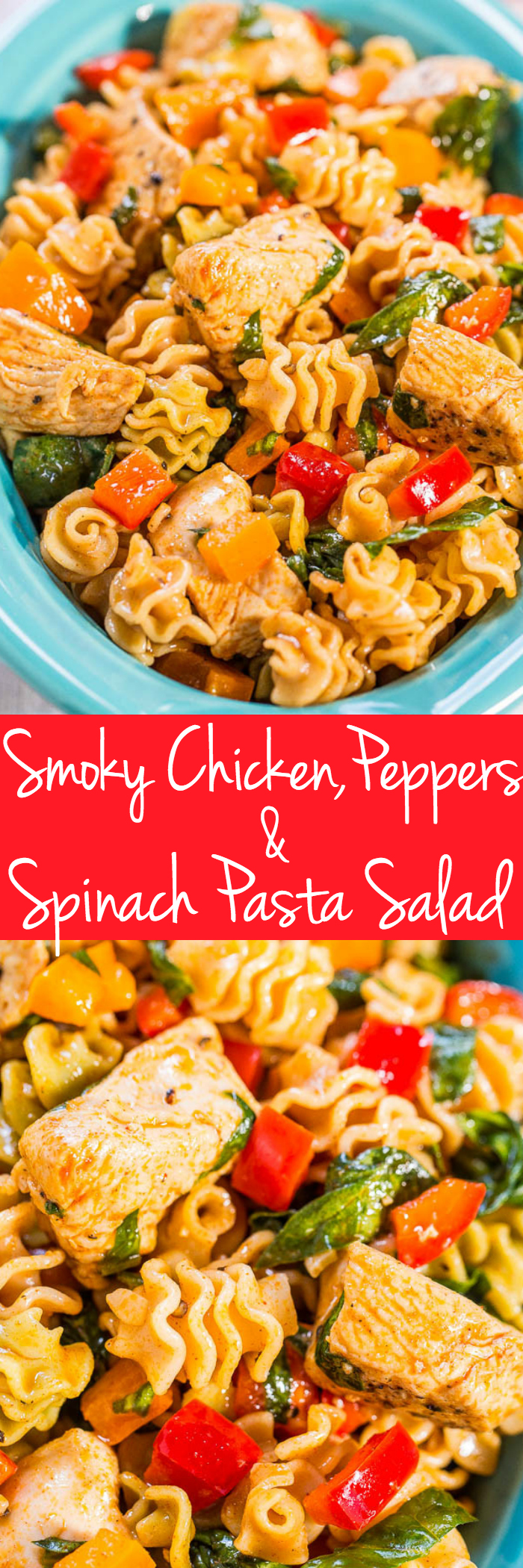 Smoky Chicken, Peppers, and Spinach Pasta Salad - Juicy chicken, crisp bell peppers and pasta with smoked paprika! Fast, easy, healthy and a hit with everyone!! Great for picnics, potlucks, or easy weeknight dinners!