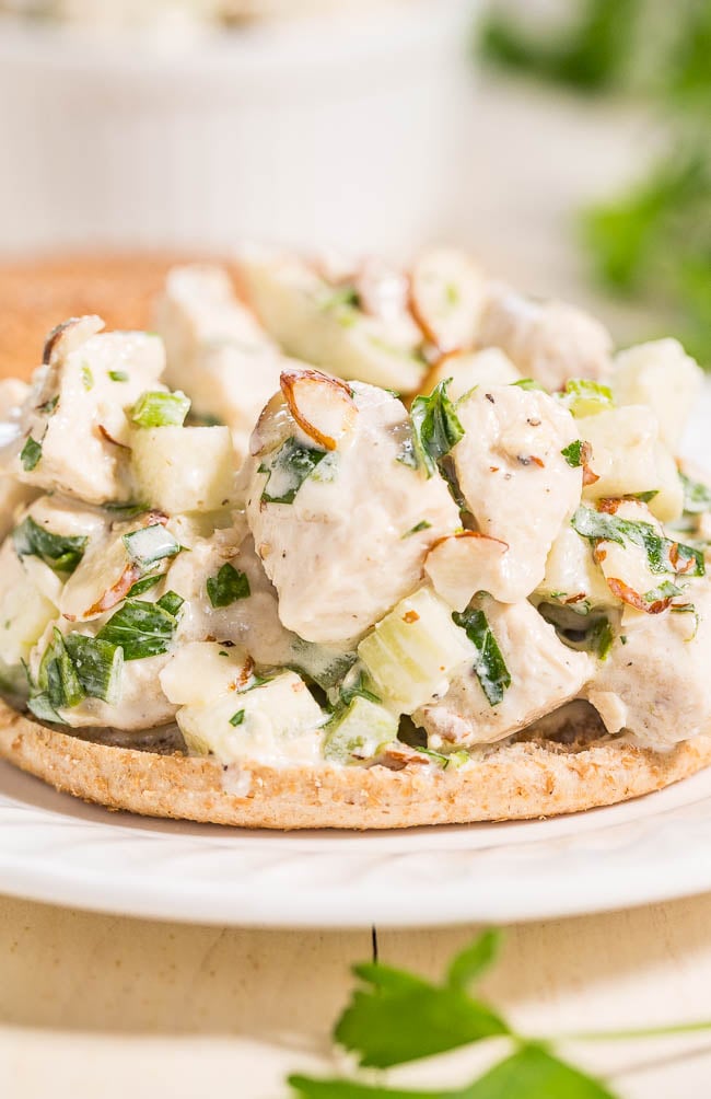 Healthy Chicken Salad — This healthy chicken salad recipe is made with Greek yogurt instead of mayo and is packed with flavor thanks to the green onions, apple, and spices.