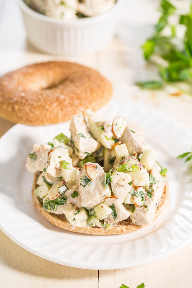 Lighter Chicken Salad - Hello to easy, flavorful, healthier chicken salad!! Goodbye mayo, hidden fat, and empty calories! You'll never miss them in this fresh twist on the classic!!