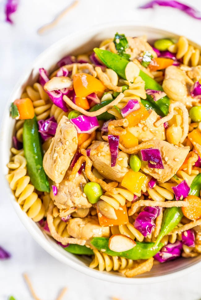 Chinese Chicken Pasta Salad - Big juicy chicken chunks and texture galore from the rainbow of crispy veggies! Fast, easy, fresh and healthy!! Great for picnics, potlucks, and easy dinners!!