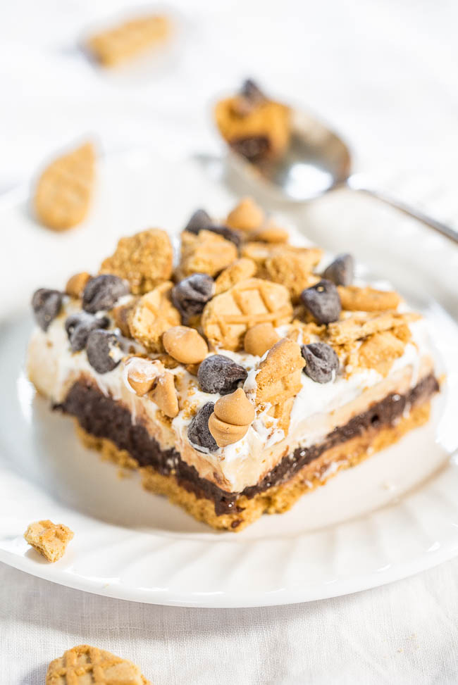 Chocolate Peanut Butter Pudding Bars — Nutter Butter crust, chocolate pudding, and peanut butter cream cheese filling!! Easy, almost no-bake, and beyond AMAZING!! Lives up to their dreamy name!!
