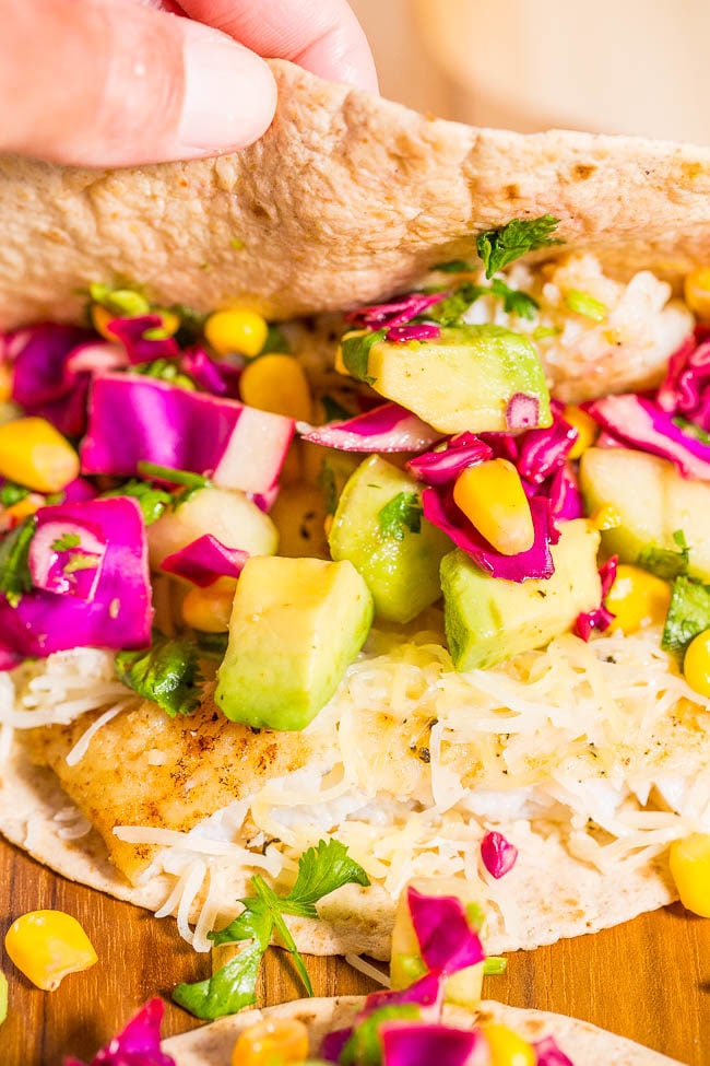 Easy 15-Minute Fish Tacos with Avocado Corn Salsa - Tons of big flavors in a fast, fresh and healthy meal!! A clean-eating recipe that tastes like comfort food!