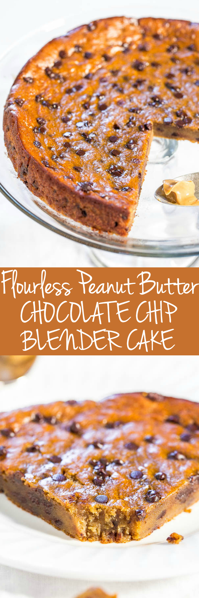 Flourless Peanut Butter Chocolate Chip Blender Cake - NO white sugar, NO oil, NO butter, NO flour! Made in a blender and the easiest cake ever!! You won't believe how amazing it tastes until you try it for yourself!!