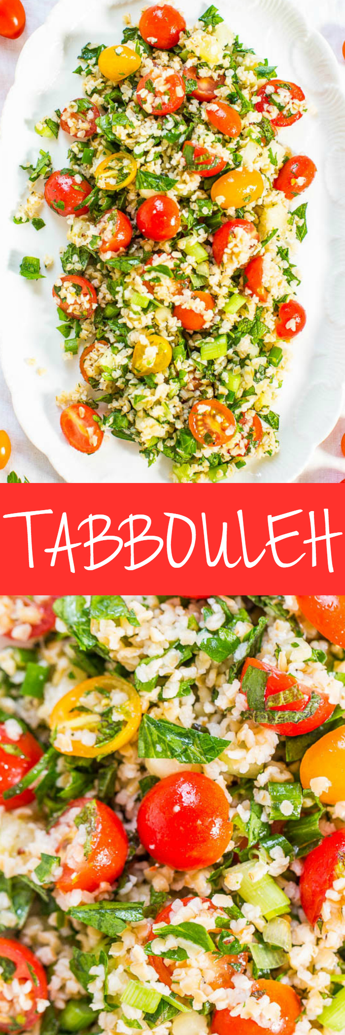 Tabbouleh - Never had it? Think couscous or quinoa mixed with vegetables, herbs, lemon and olive oil! Easy, no cooking required, healthy, and packed with so much flavor!! (Great for outdoor events because there's no mayo!)