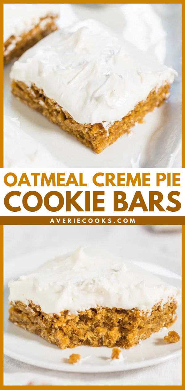 Oatmeal Creme Pie Cookie Bars (Little Debbie Copycat) -The flavor of the classic cookies turned into fast, easy, chewy bars and the frosting is beyond amazing! They're even better than original Oatmeal Creme Pies!!