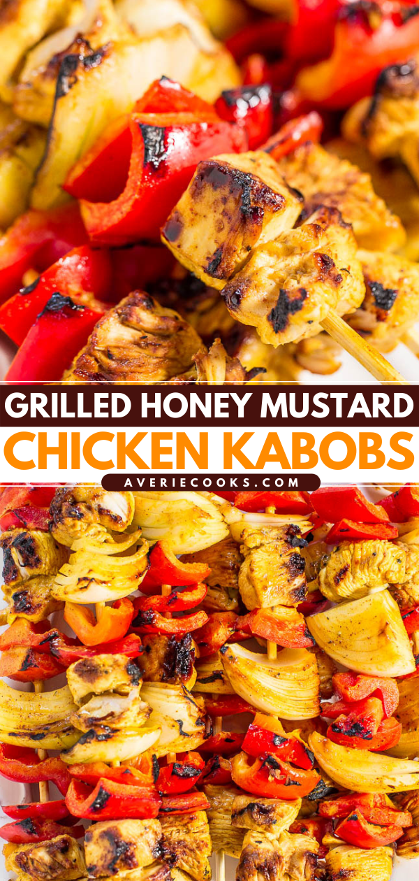 Honey Mustard Grilled Chicken Kabobs — Juicy chicken and crisp vegetables coated in a sweet-and-tangy sauce!! Great for parties or easy weeknight dinners! Everything tastes better grilled!!