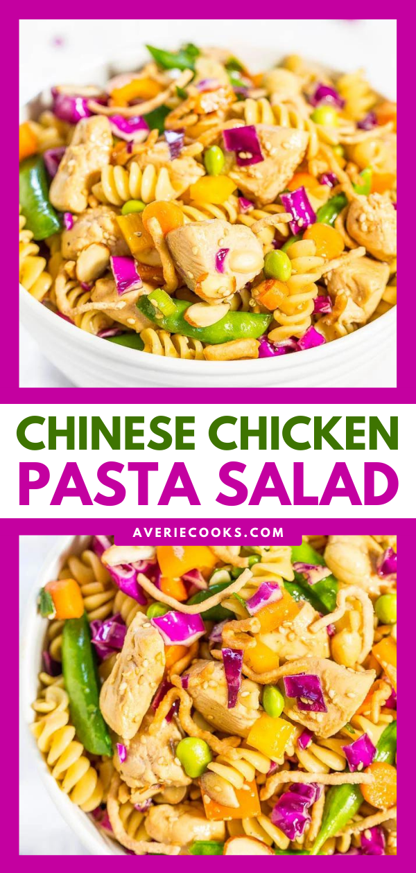 Asian Pasta Salad with Chicken — Big juicy chicken chunks and texture galore from the rainbow of crispy veggies! Fast, easy, fresh and healthy!! Great for picnics, potlucks, and easy dinners!!