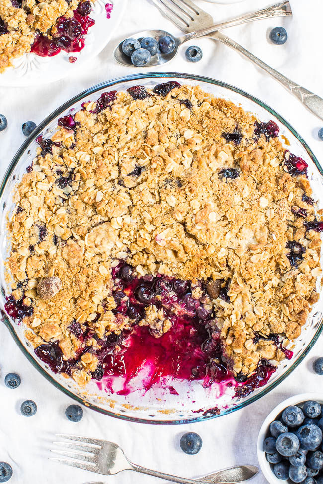 Blueberry Crisp - Sweet, juicy blueberries topped with a crispy, crumbly topping! Easy, one bowl, no mixer dessert that's an all-time favorite!! (Never bother with blueberry pie again because this is so much better!)