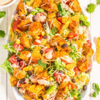 A colorful plate of nachos topped with cheese, beans, chicken, tomatoes, corn, and garnished with cilantro.