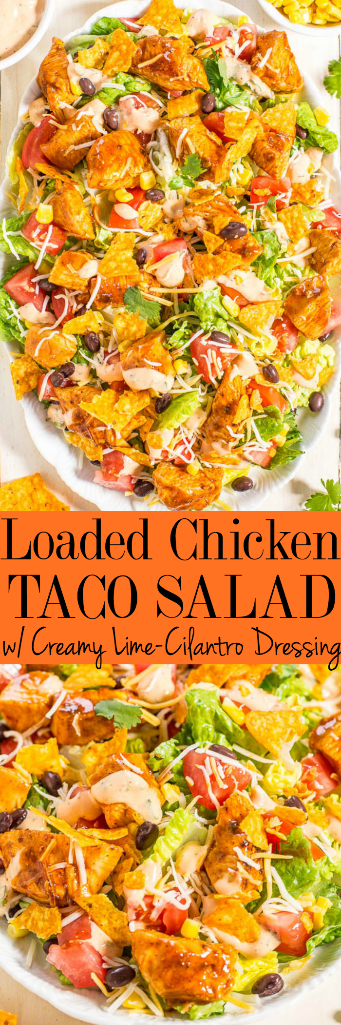 Loaded Chicken Taco Salad with Creamy Lime-Cilantro Dressing - Fast, easy, fresh and healthy!! All your favorite taco flavors in one big kickin' salad that everyone will love!! 