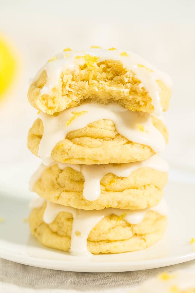 Softbatch Glazed Lemon Cream Cheese Cookies - Big, bold lemon flavor packed into super soft cookies thanks to the cream cheese!! Tangy-sweet perfection! Lemon lovers are going to adore these easy cookies!!
