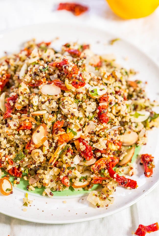 vegan quinoa salad on a white plate
