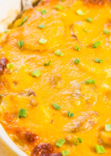 A baked casserole topped with melted cheddar cheese and garnished with chopped green onions.