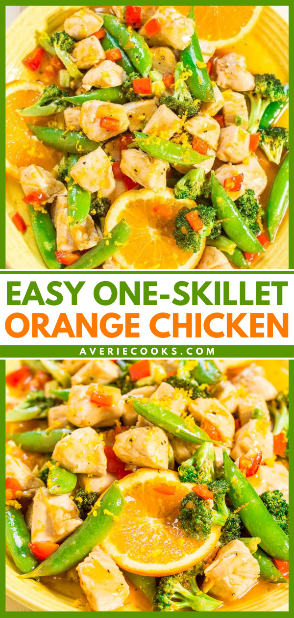 One-Skillet Orange Chicken with Vegetables - Easy, ready in 15 minutes, healthy (no breading, no frying), and the orange flavor just POPS!! Perfect for busy weeknights, a family favorite, and you'll make this over and over!!