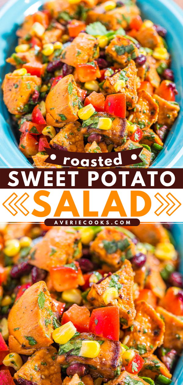 Roasted Sweet Potato Salad — This roasted sweet potato salad is tossed in a honey Dijon dressing. The sweet and savory flavors of this potato salad are to die for! 