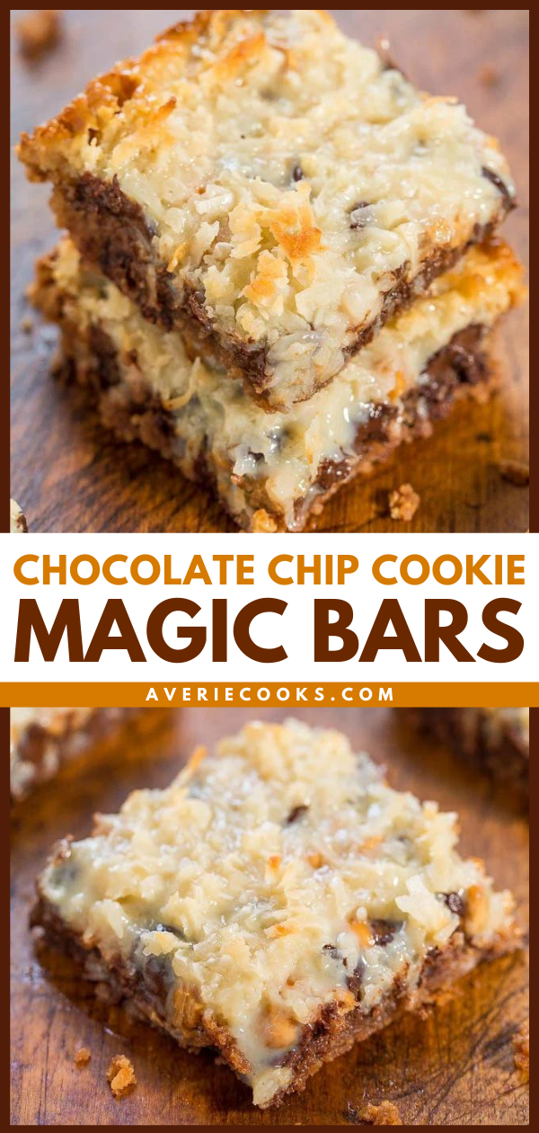 Chocolate Chip Cookie Magic Bars - The classic recipe made even better with a chocolate chip cookie crust!! One bowl, no mixer, fast and easy! Soft, chewy, gooey and SO GOOD!!