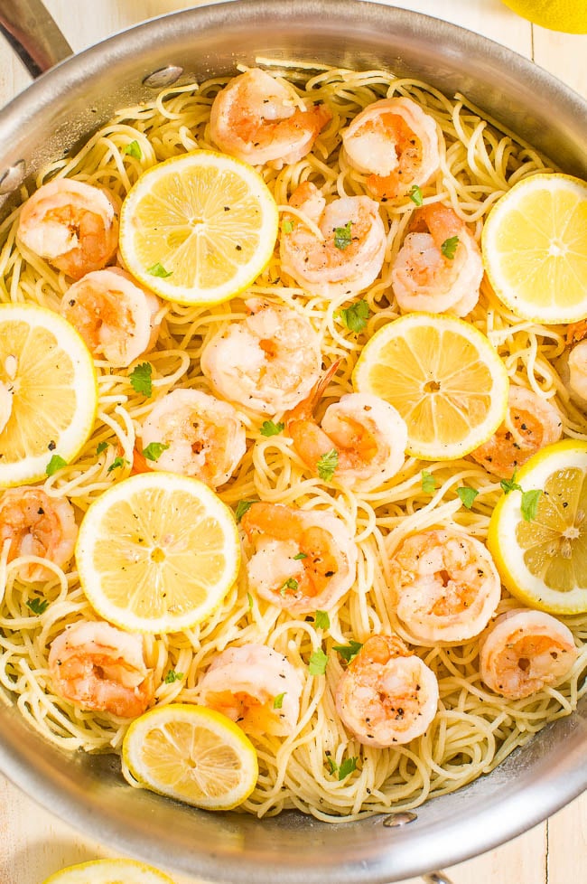 Garlic Shrimp Pasta in skillet with fresh Lemon