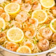 Garlic Shrimp Pasta cooking in skillet.
