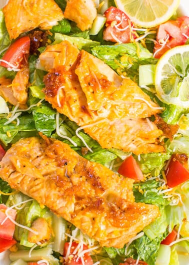 Grilled salmon fillets on a fresh garden salad with lemon slices.