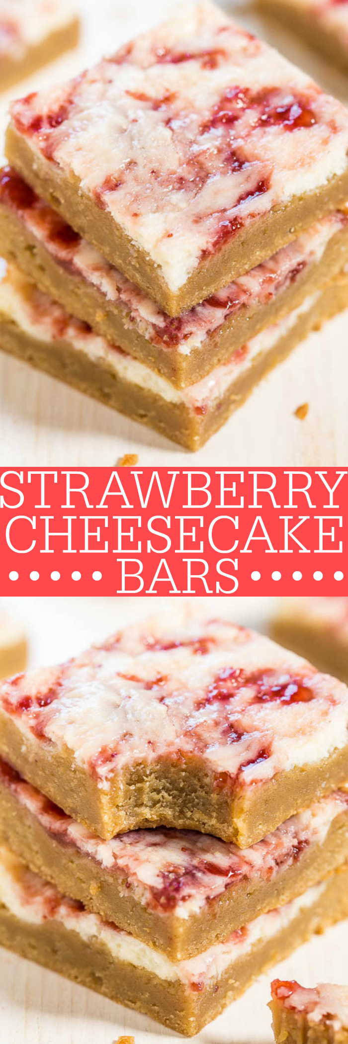 Strawberry Cheesecake Bars - Soft, buttery bars topped with cheesecake and swirled with strawberry jam! The best of all worlds in these fast, easy, and AMAZING bars!!