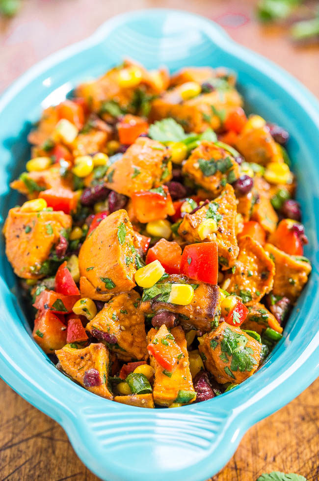 A blue bowl filled with Roasted Sweet Potato Salad