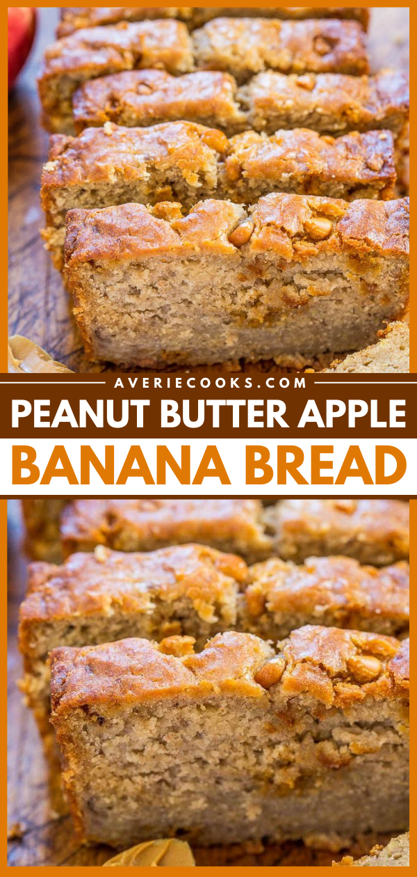 Peanut Butter Apple Banana Bread — Jazz up regular banana bread with peanut butter and apples! A perfect combo that tastes amazing together!! Fast, easy, no mixer required, and a hit with everyone!