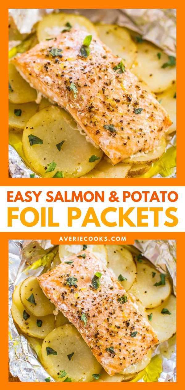 Easy Potato and Salmon Foil Packets — Juicy, moist salmon that's loaded with flavor! Ready in 30 minutes, zero cleanup, and a foolproof way to cook salmon and look like a gourmet cook!!