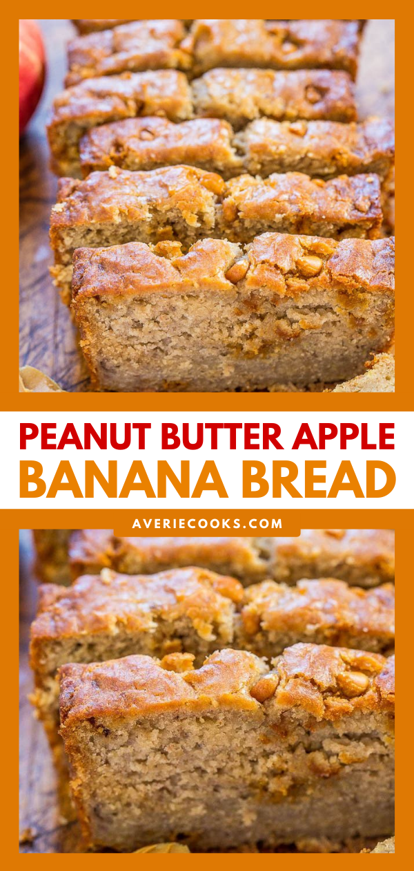 Peanut Butter Apple Banana Bread — Jazz up regular banana bread with peanut butter and apples! A perfect combo that tastes amazing together!! Fast, easy, no mixer required, and a hit with everyone!