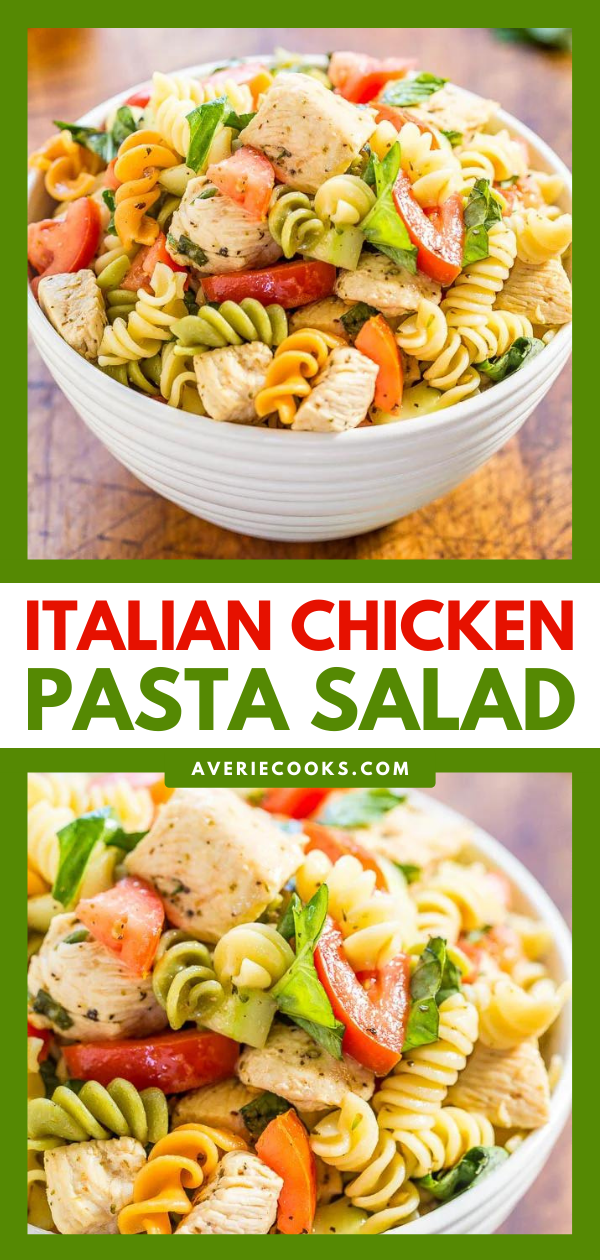 İtalyan Tavuk Makarna Salatası - Bu İtalyan Tavuk Makarna Salatası kolaydır, 20 dakikada hazırdır ve en sevdiğim yaz malzemelerinden bazılarını sergiler.  Yaz yemekleri ve barbeküler için ya da telaşsız bir aile yemeği olarak mükemmeldir!