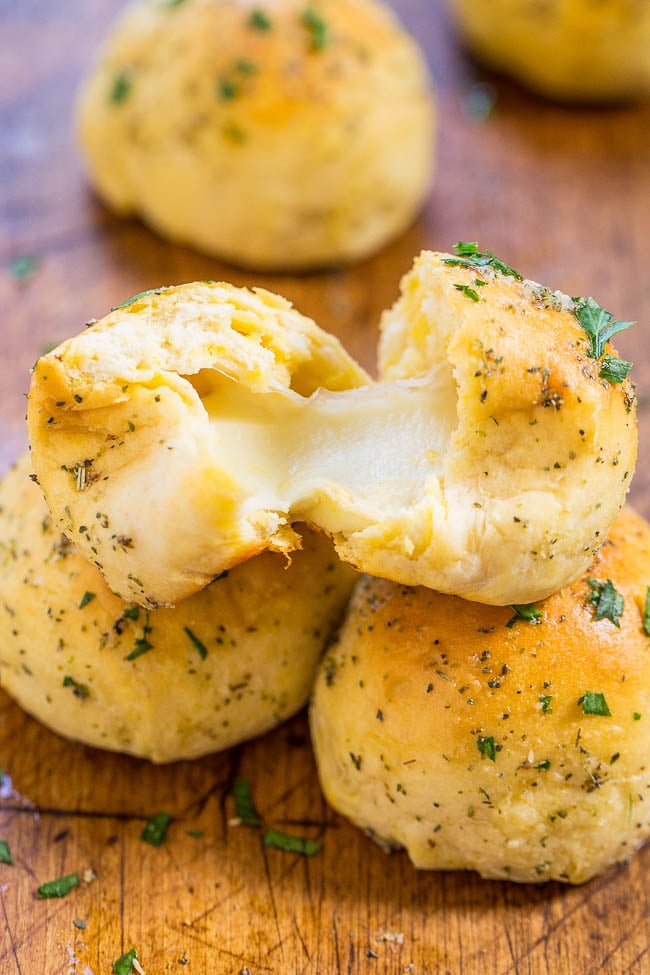 Stuffed Cheese Bread Rolls — Soft, buttery bread brushed with garlic butter and stuffed with CHEESE! So good, mindlessly easy, goofproof, and ready in 10 minutes! A hit with everyone!!