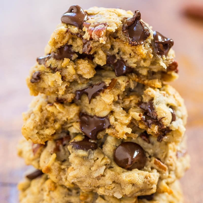 A stack of chocolate chip oatmeal cookies.