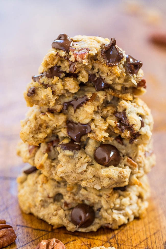 Cowboy Cookies — These cowboy cookies are packed with oats, chocolate chips, Cornflakes, and shredded coconut.