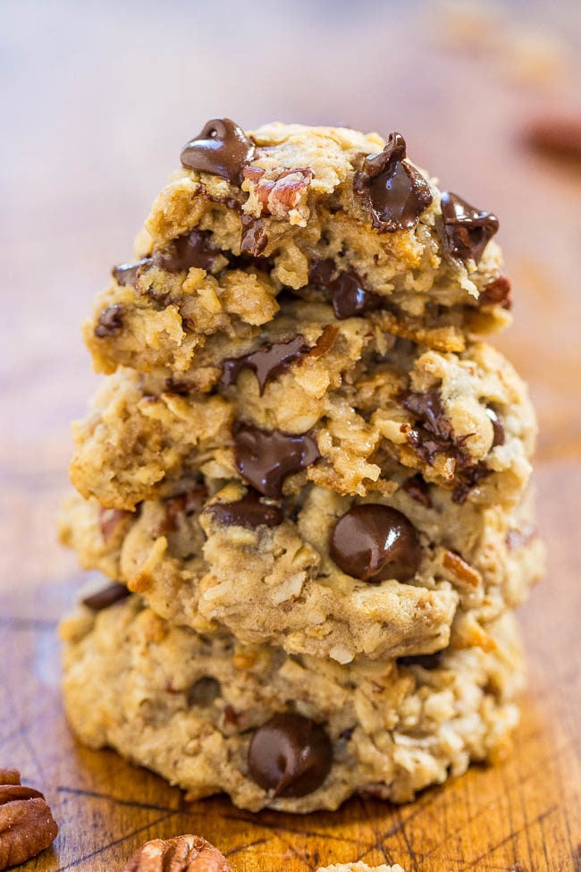 Cowboy Cookies— These cowboy cookies are packed with oats, chocolate chips, Cornflakes, and shredded coconut.