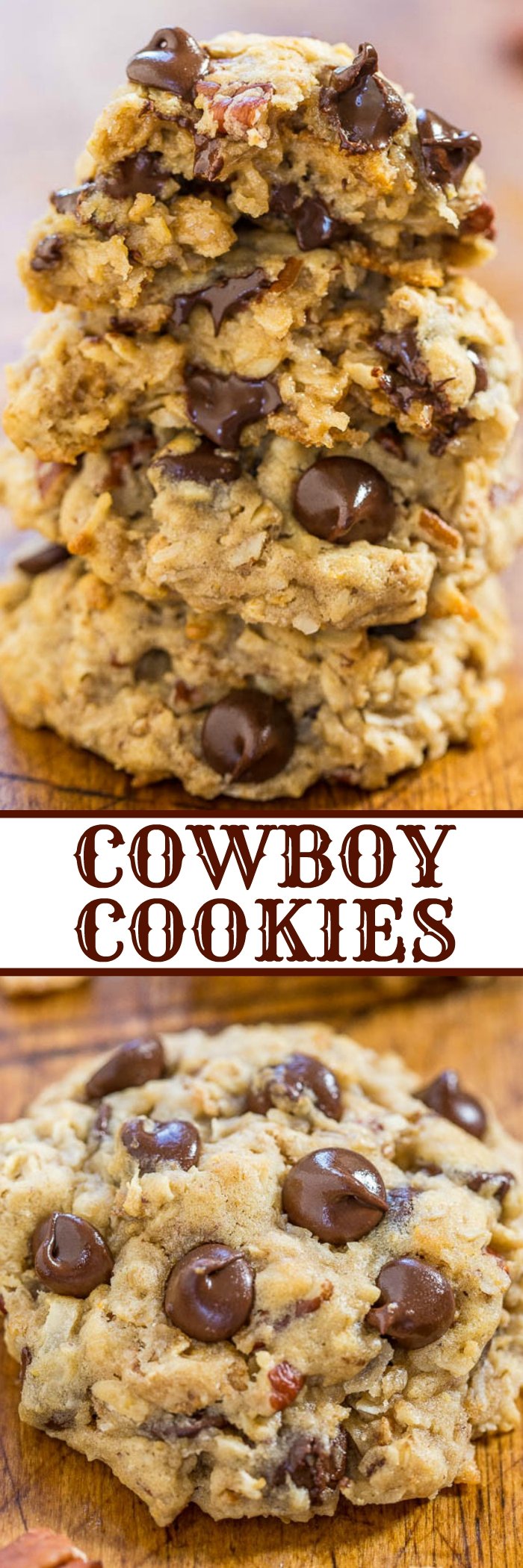 Cowboy Cookies - Chewy oats, sweet coconut, crunchy pecans, and plenty of chocolate! Hearty with tons of texture and they stay soft and chewy!! Everyone (not just cowboys) loves these cookies!