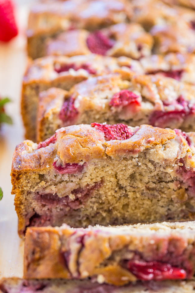 Strawberry Banana Bread — This strawberry bread is packed with fresh, juicy strawberries in every bite! This is an easy, no-mixer quick bread recipe you're going to love! 
