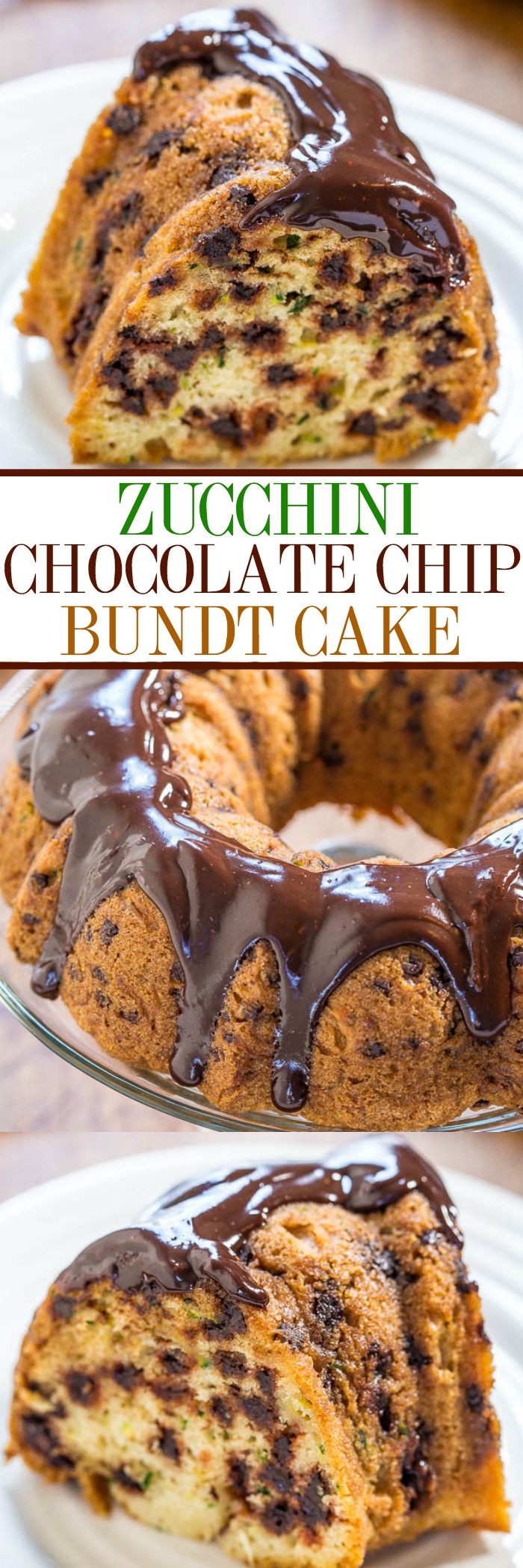 Chocolate Chip Zucchini Bundt Cake with Chocolate Ganache — The best zucchini cake ever!! Soft, moist, and you can't even taste the zucchini! Tastes like a yellow bakery cake drenched in chocolate!!