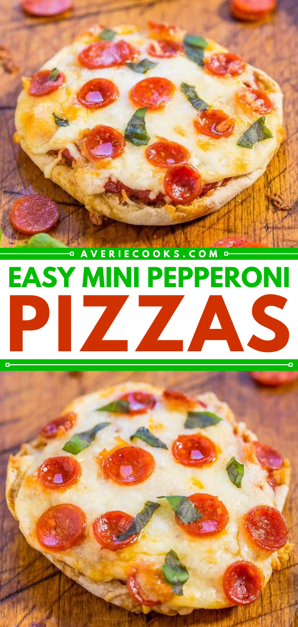 Easy Mini Pizzas — Ready in 10 minutes, mindlessly easy, and mini food just tastes better!! Great as an appetizer, after-school or late-night snack, or as perfect tailgating party food!!