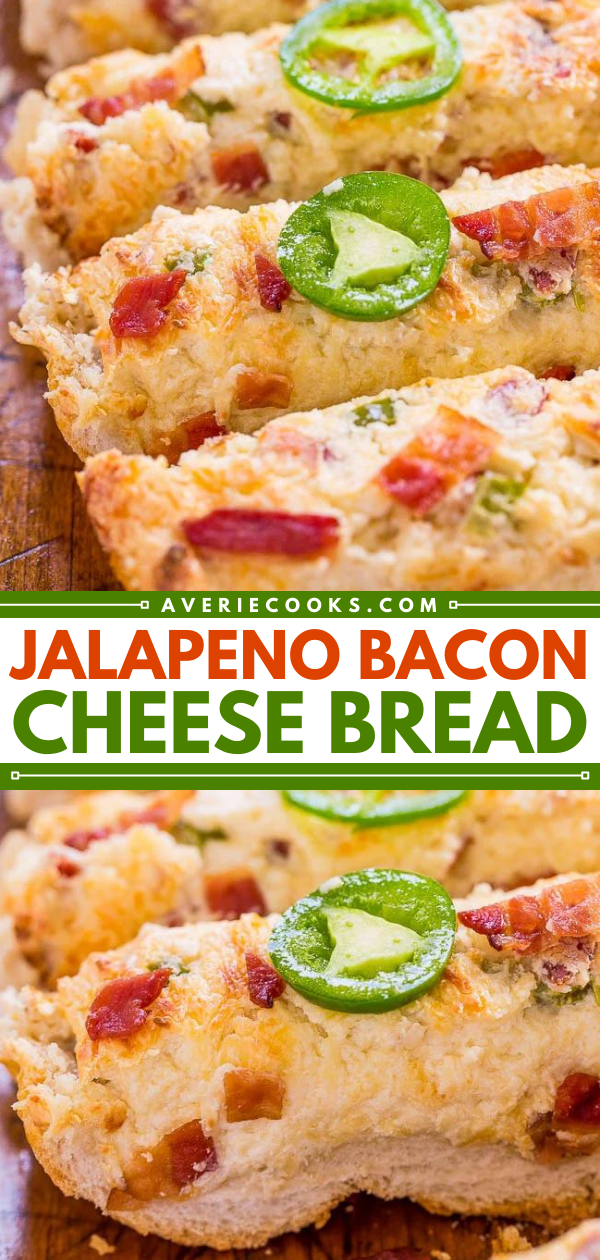 Easy Bacon Jalapeño Cheese Bread — Super cheesy and ready in 30 minutes. A game day and crowd favorite that'll be devoured fast!! BACON makes everything BETTER!!