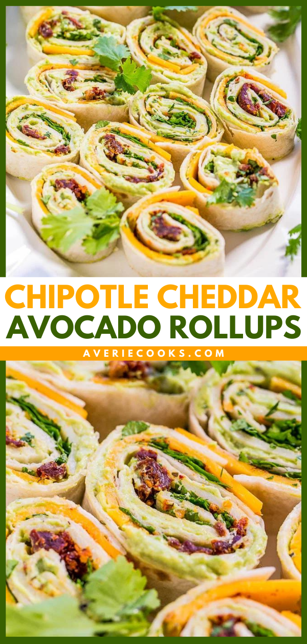 Chipotle Cheddar Avocado Tortilla Pinwheels — Creamy avocado with sharp cheddar, cilantro, and a little bit of smoky chipotle heat! Easy, ready in 5 minutes, and everyone loves these! Great appetizer and a game day party favorite!!