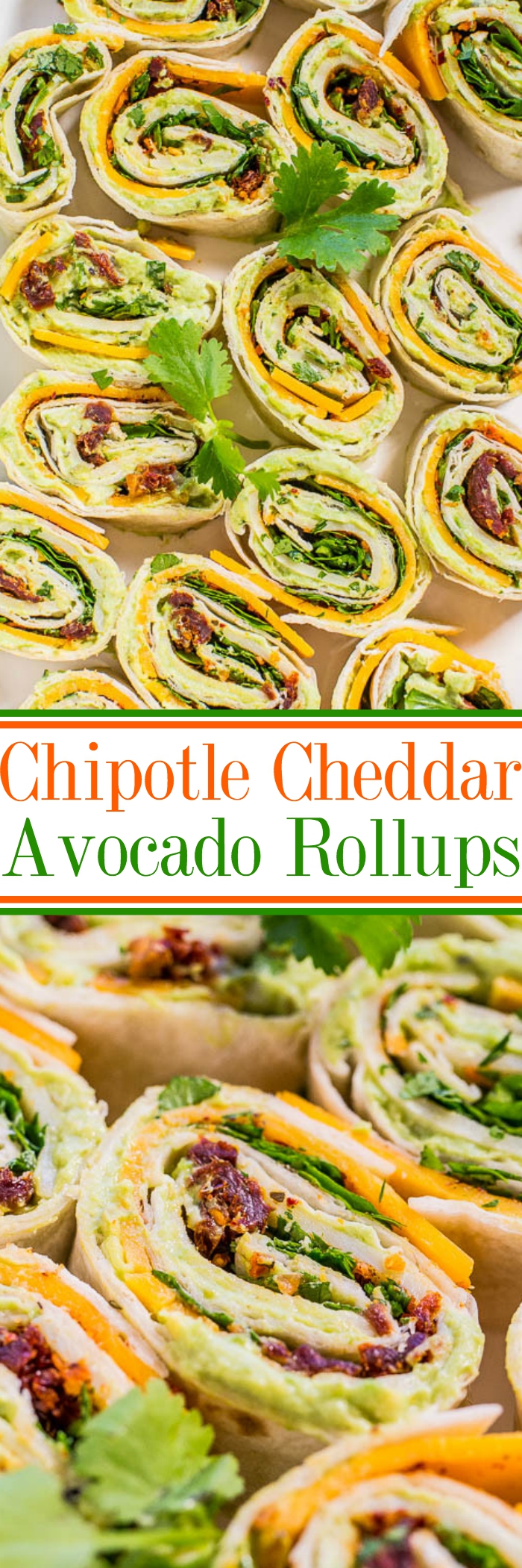 Chipotle Cheddar Avocado Tortilla Pinwheels — Creamy avocado with sharp cheddar, cilantro, and a little bit of smoky chipotle heat! Easy, ready in 5 minutes, and everyone loves these! Great appetizer and a gameday party favorite!!