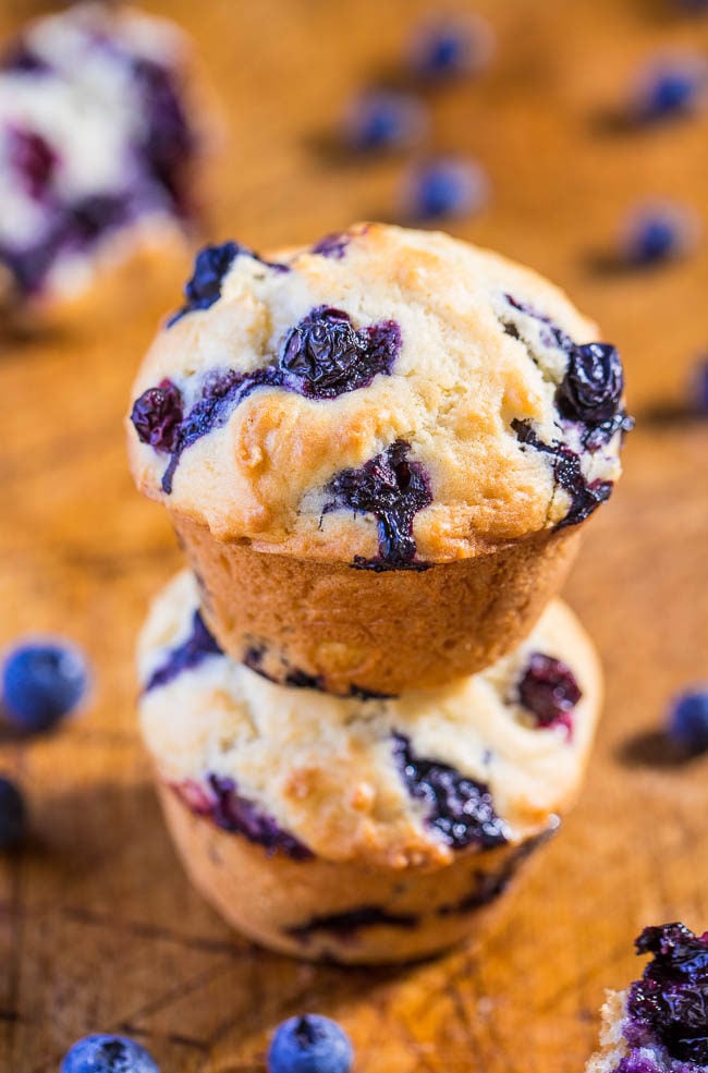 Skinny Blueberry Muffins - No butter and very low sugar but you'll never notice!! Easy, no mixer, soft, fluffy, and bursting with blueberries in every bite!! 