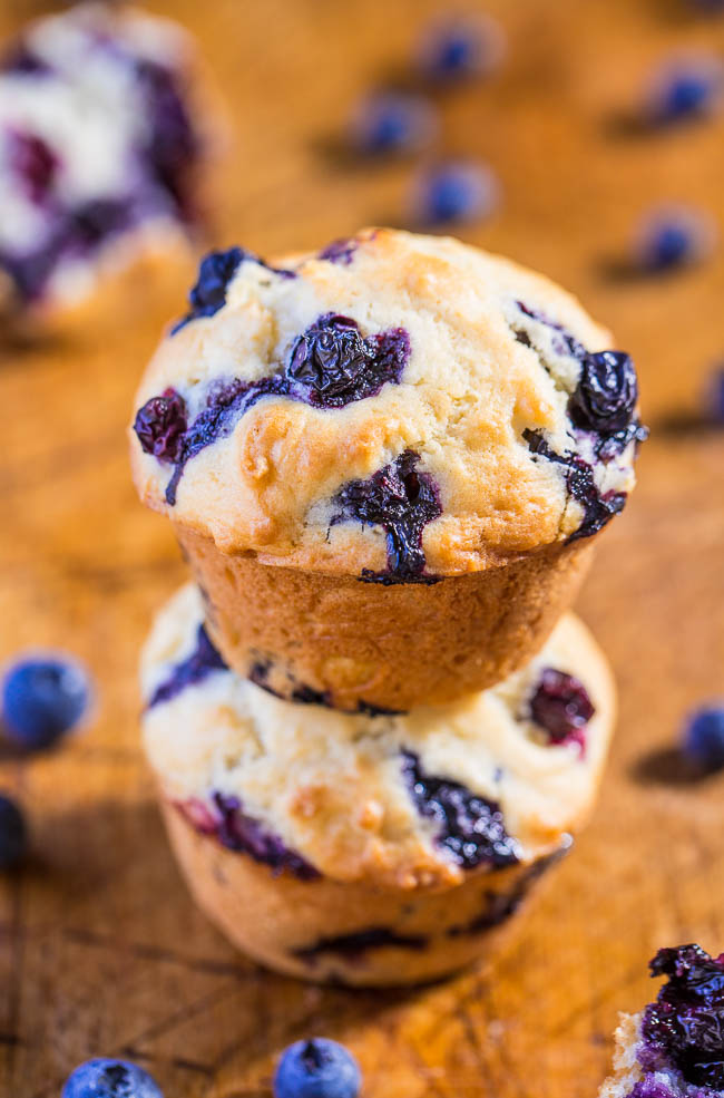 two Healthy Blueberry Muffins staked on top on each other
