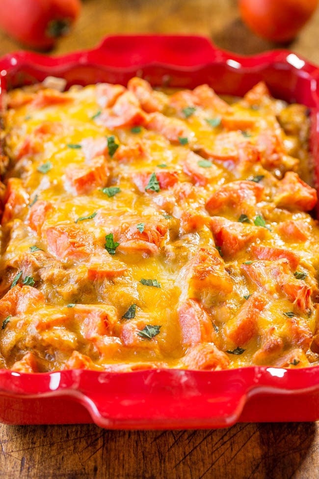 Easy Chicken Enchilada Bake - All the flavors of your favorite enchiladas, minus the work!! Easy, ready in 30 minutes, and you can prep it in advance to save time on busy weeknights or before a big event!!