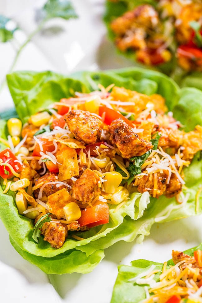 Chicken Tortilla Lettuce Wraps on a white plate