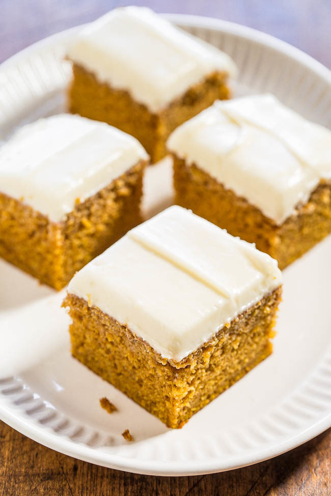 Easy Pumpkin Spice Cake with Cream Cheese Frosting - Soft, moist, and bursting with pumpkin flavor! You'll want the frosting by the spoonful!! (who needs the cake when there's luscious cream cheese frosting!)