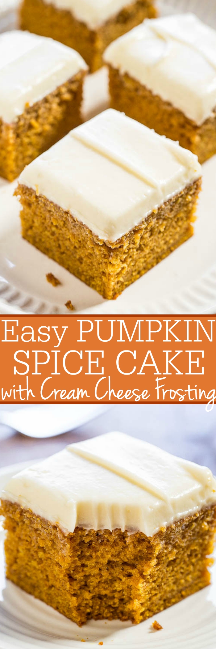 Pumpkin Spice Cake with Cream Cheese Frosting — Moist pumpkin cake is topped with a creamy homemade cream cheese frosting. This easy fall dessert is perfect for Thanksgiving, Halloween, and more!