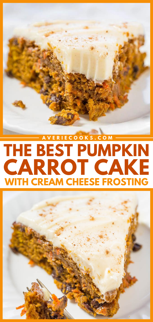 The Best Pumpkin Carrot Cake with Cream Cheese Frosting — A marriage of pumpkin cake and carrot cake into one soft, moist, tender, and amazing cake!! The tangy cream cheese frosting is truly the icing on this easy cake!!