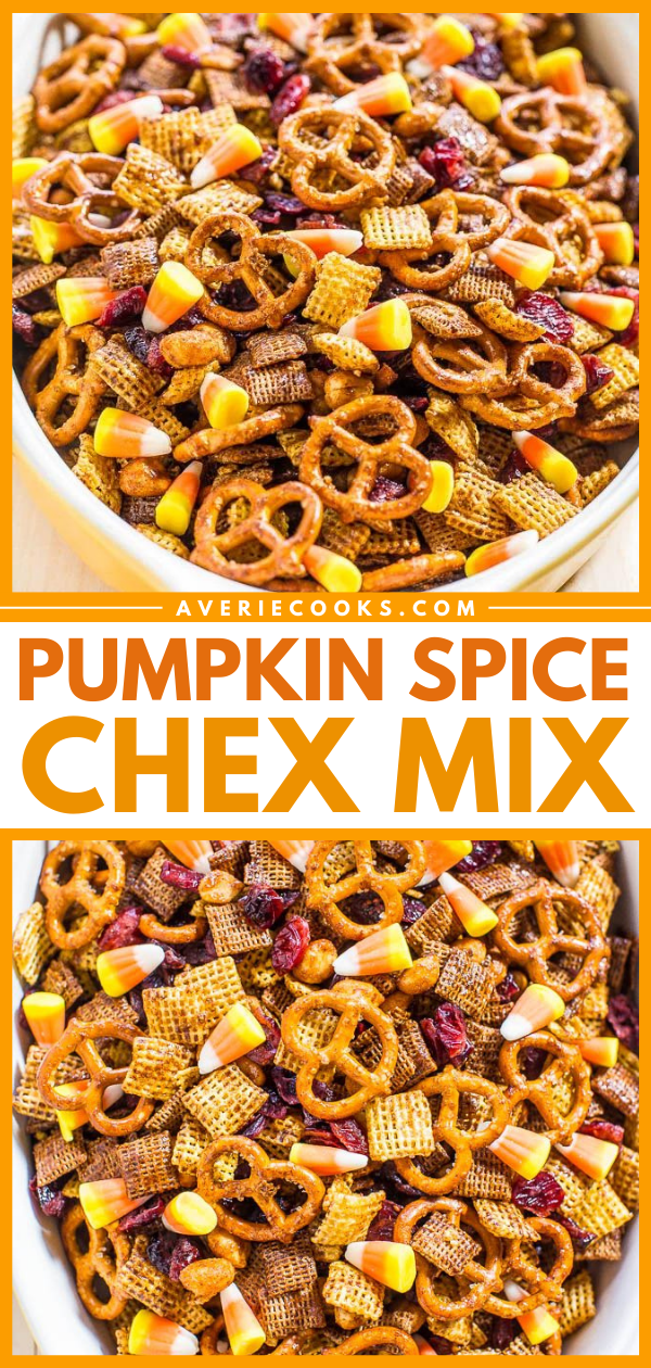 5-Minute Pumpkin Spice Chex Mix — Two kinds of Chex, peanuts, pretzels, dried cranberries, and candy corn! If you need a quick fall party snack, make this! It's dangerously fast, super easy, and SO CRAZY GOOD!!