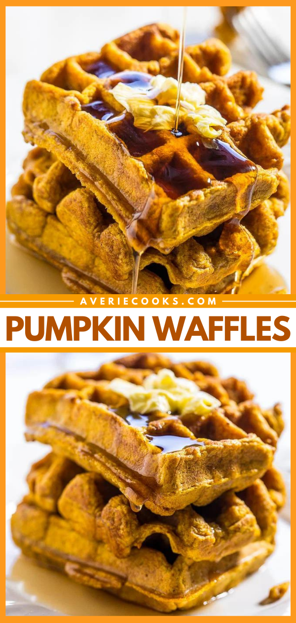 Pumpkin Waffles — These pumpkin waffles are packed with pumpkin spice flavor! They're super fluffy and are just begging to be drowned in maple syrup! 
