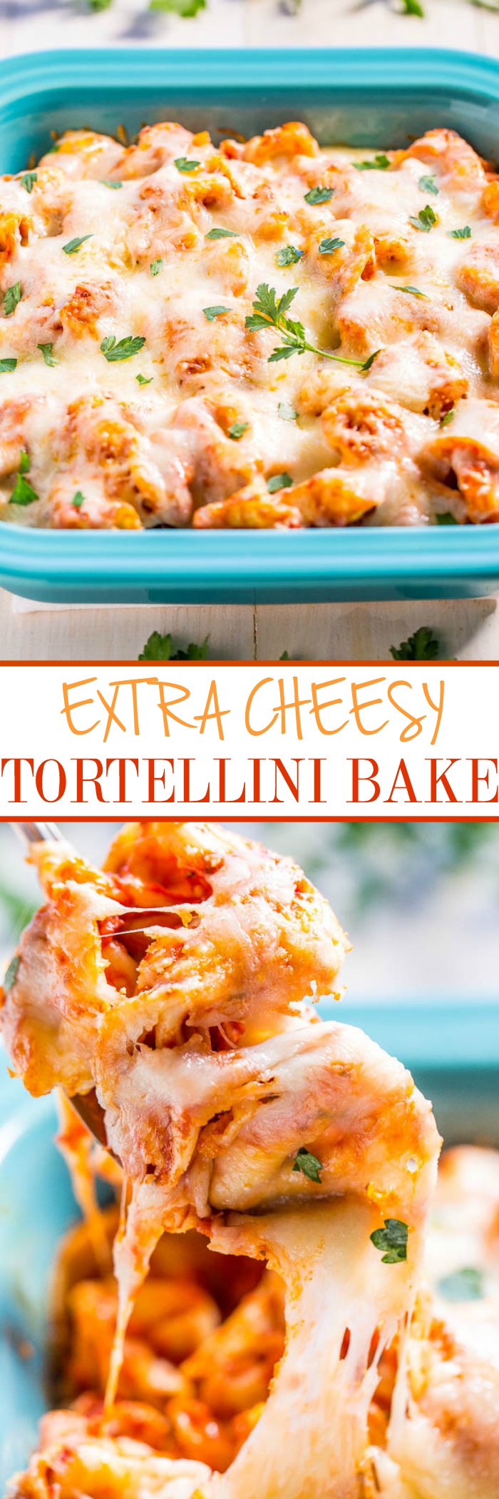 Extra Cheesy Tortellini Bake - Three-cheese tortellini baked with pasta sauce AND 3 more cheeses!! Cheese lovers will adore this easy comfort food that's ready in 30 minutes!!